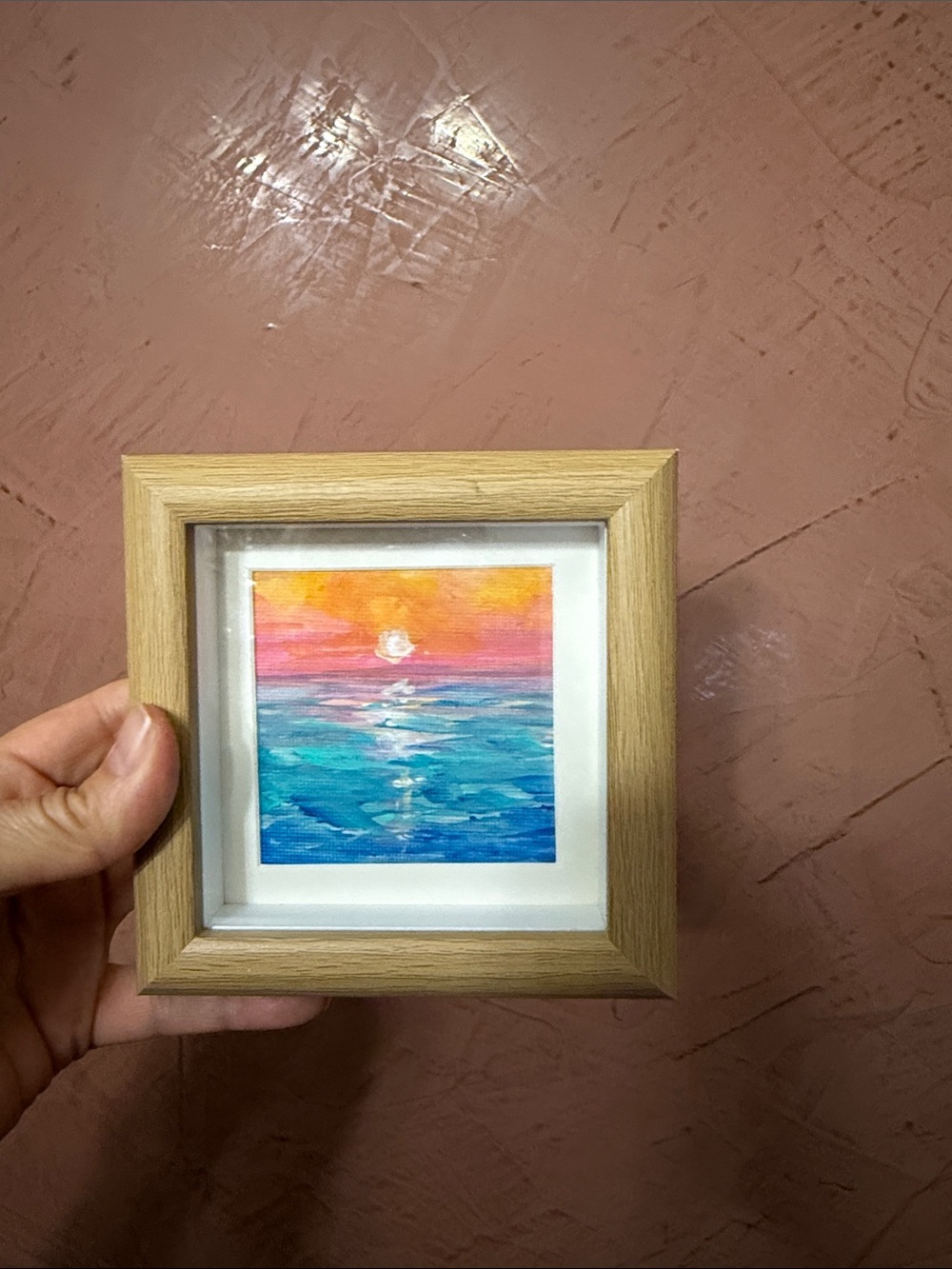 Mini Sunset Seascape Painting in Pink, Orange & Blue - Framed